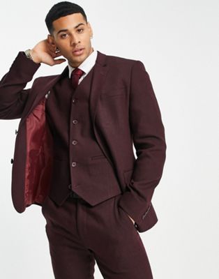 ASOS DESIGN super skinny wool mix suit jacket in burgundy herringbone