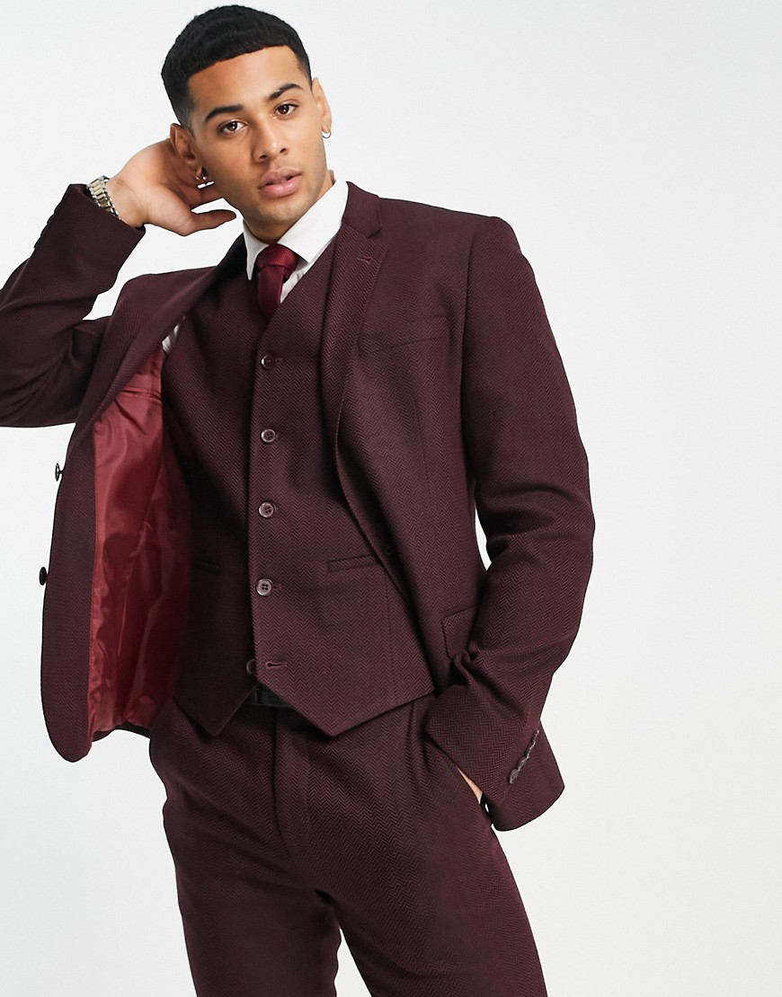 ASOS DESIGN super skinny wool mix suit jacket in burgundy herringbone-Red