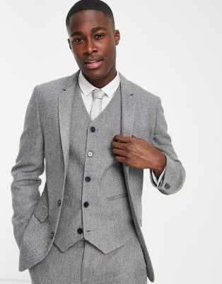 Asos Design Super Skinny Wool Mix Suit Jacket In Charcoal Herringbone-gray In Gray