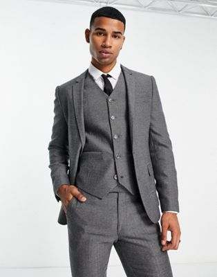 Asos Design Super Skinny Wool Mix Suit Jacket In Charcoal Herringbone-gray