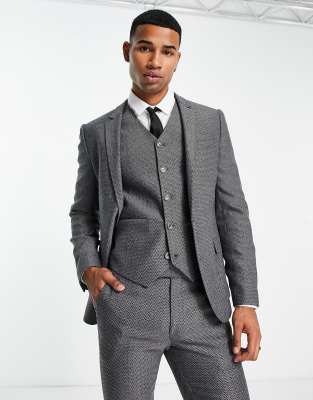 Asos Design Super Skinny Wool Mix Suit Jacket In Charcoal Herringbone-gray In Gray