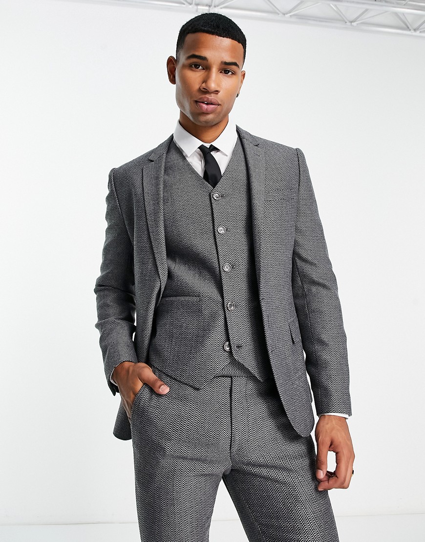 ASOS DESIGN super skinny wool mix suit jacket in dark charcoal herringbone-Grey