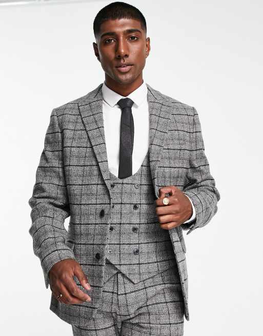 ASOS DESIGN super skinny wool mix suit jacket in gray and white highlight  plaid