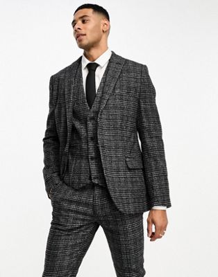Asos Design Super Skinny Wool Mix Suit Jacket In Gray Texture Plaid