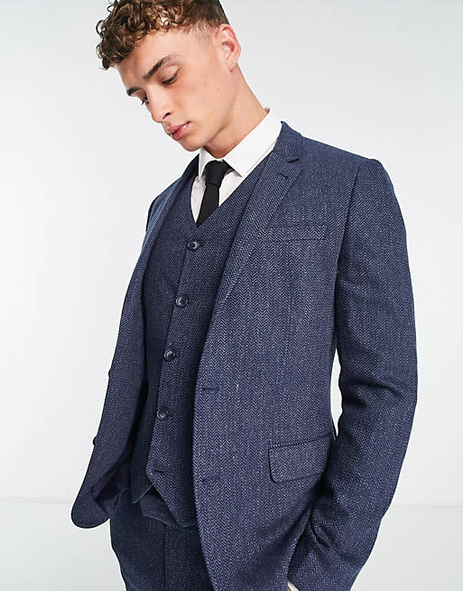 ASOS DESIGN super skinny wool mix suit jacket in navy herringbone | ASOS