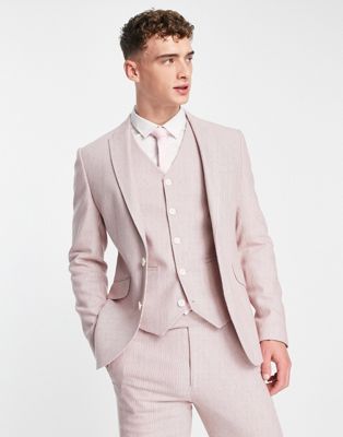 Asos Design Super Skinny Wool Mix Suit Jacket In Pink Puppytooth Check