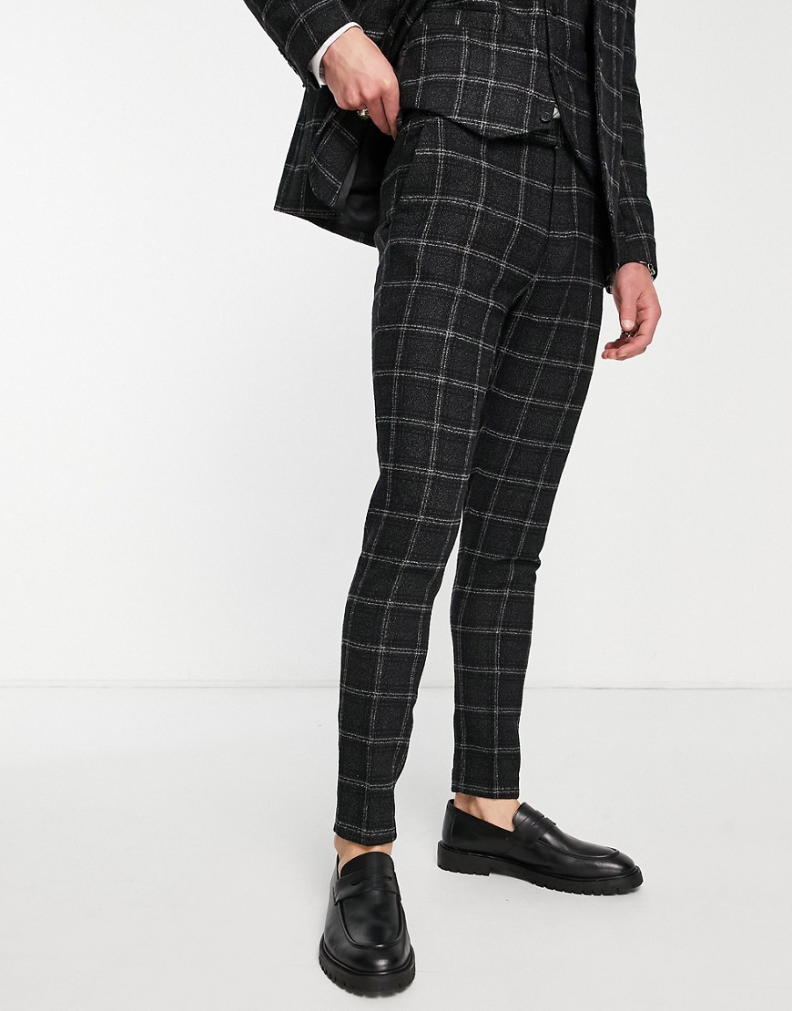 ASOS DESIGN super skinny wool mix suit pants in black and charcoal windowpane plaid