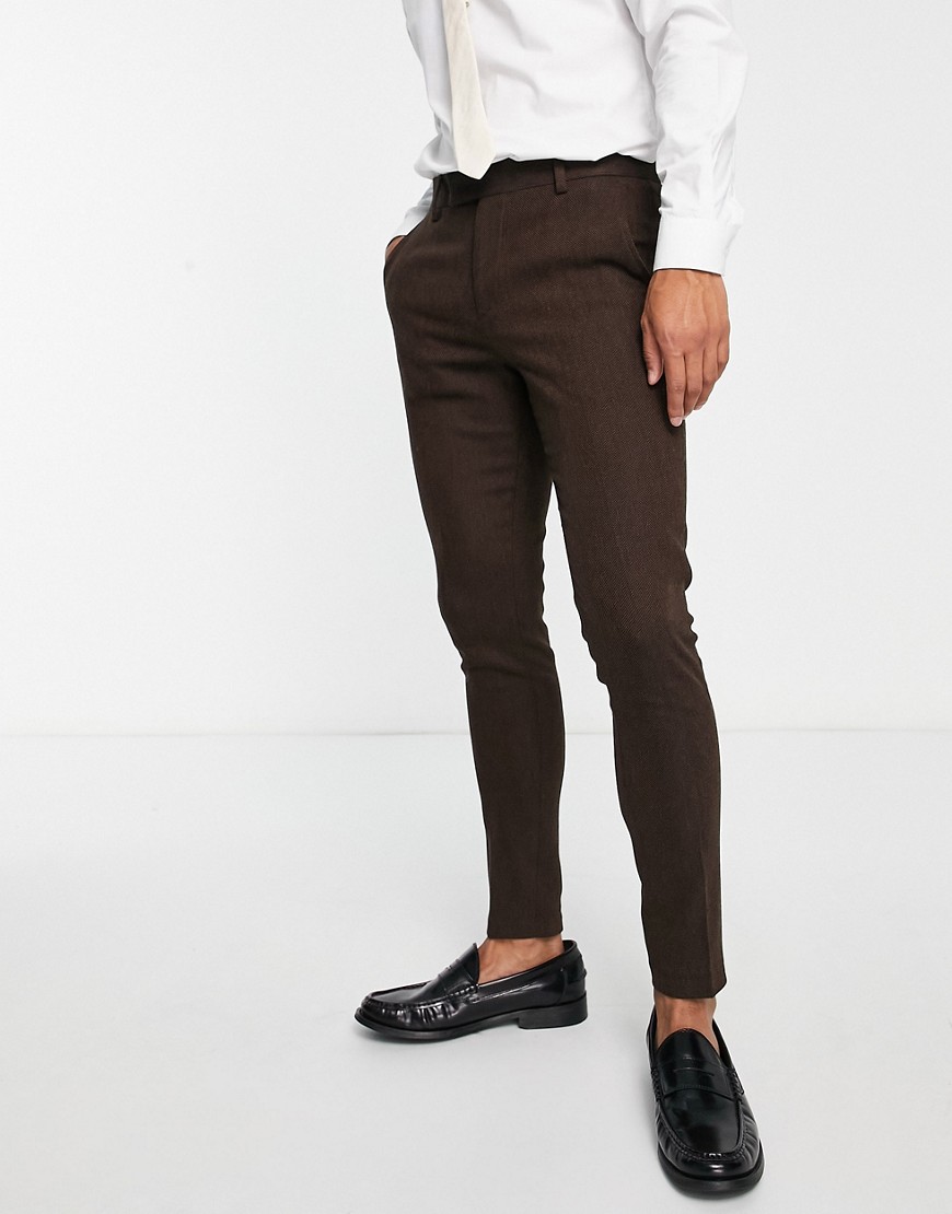 Asos Design Super Skinny Wool Mix Suit Pants In Brown Tweed
