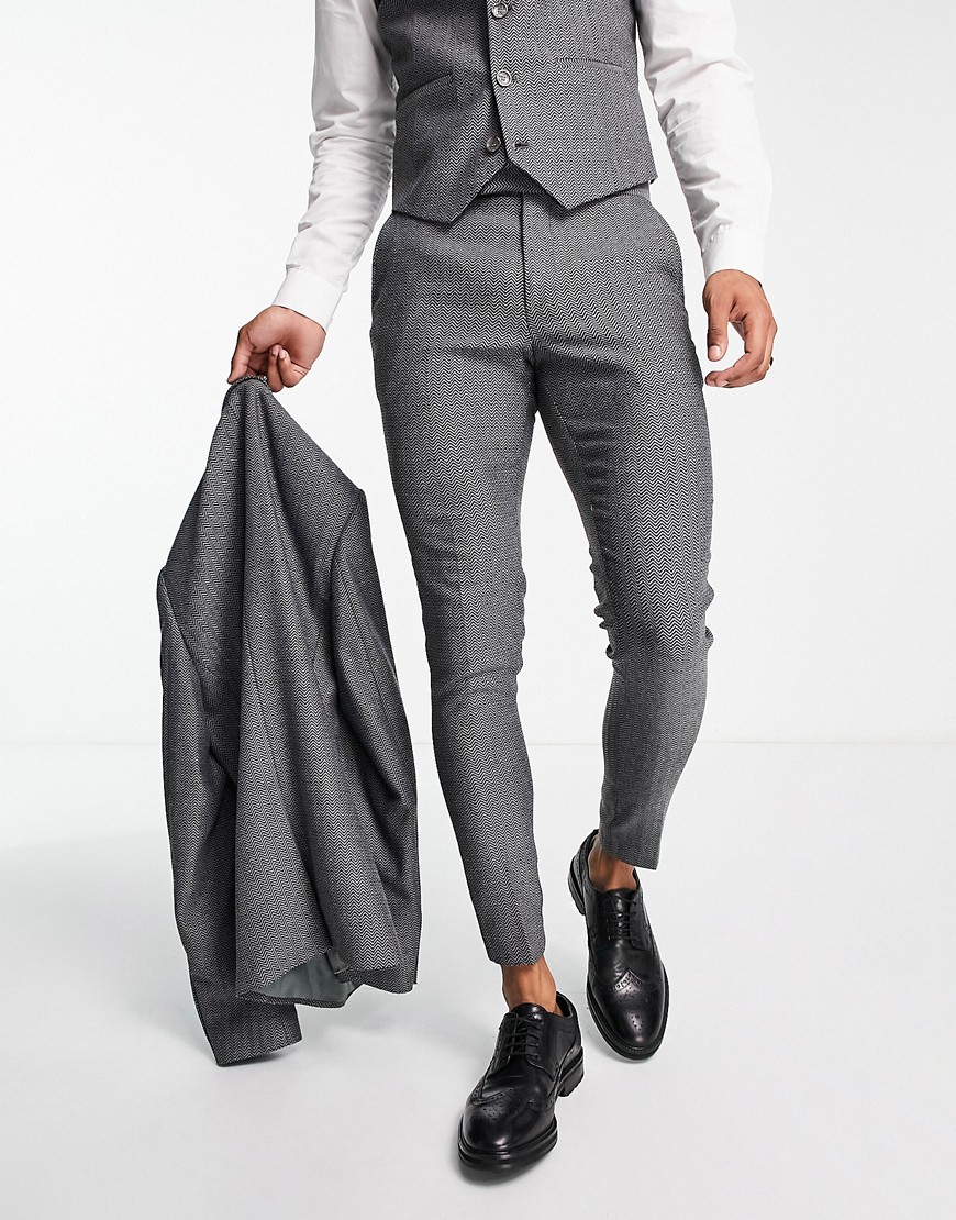 Asos Design Super Skinny Wool Mix Suit Pants In Dark Charcoal Herringbone-gray