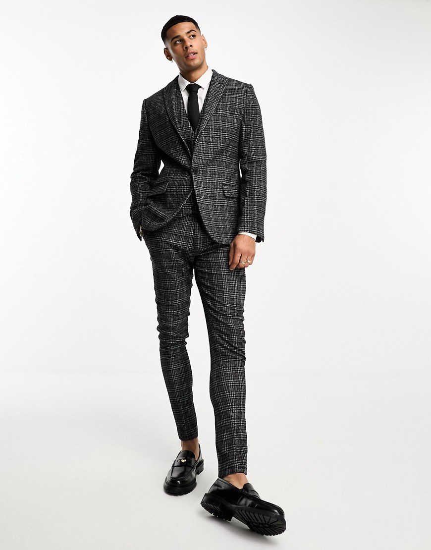 Asos Design Super Skinny Wool Mix Suit Pants In Gray Texture Plaid