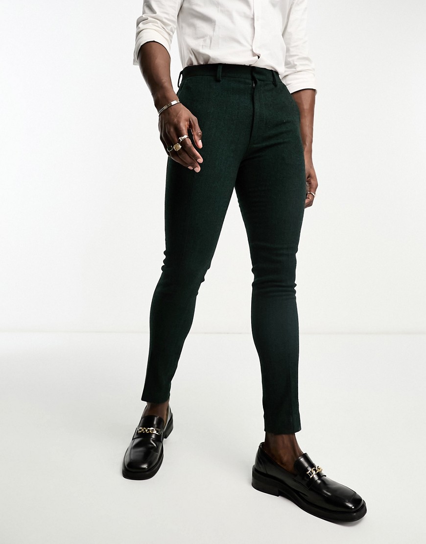 Asos Design Super Skinny Wool Mix Suit Pants In Herringbone In Green