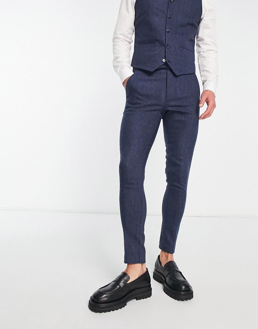 Asos Design Super Skinny Wool Mix Suit Pants In Navy Herringbone