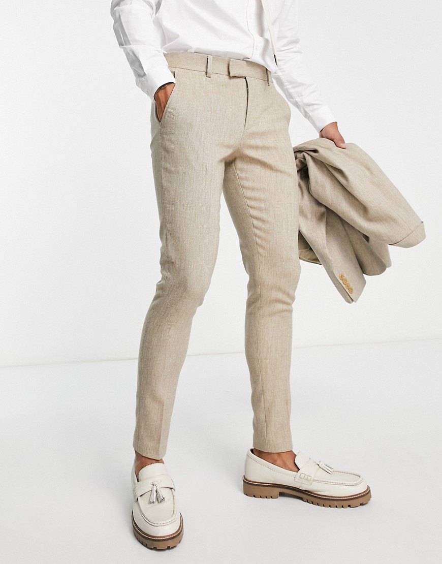 ASOS DESIGN super skinny wool mix suit trousers in beige tweed-Neutral