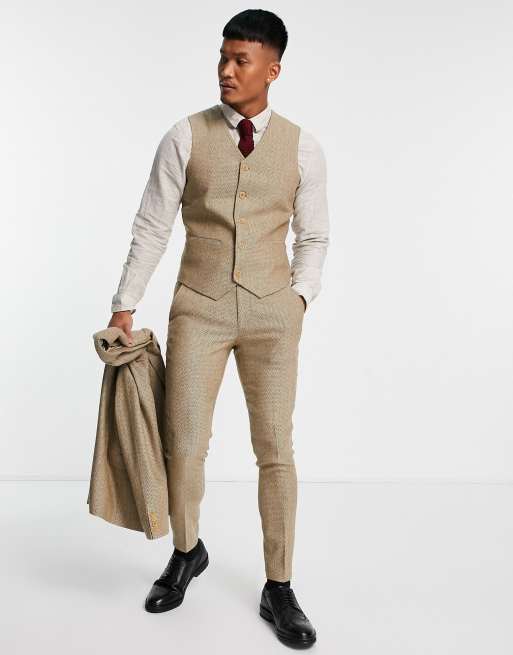 ASOS DESIGN super skinny wool mix suit trousers in stone herringbone
