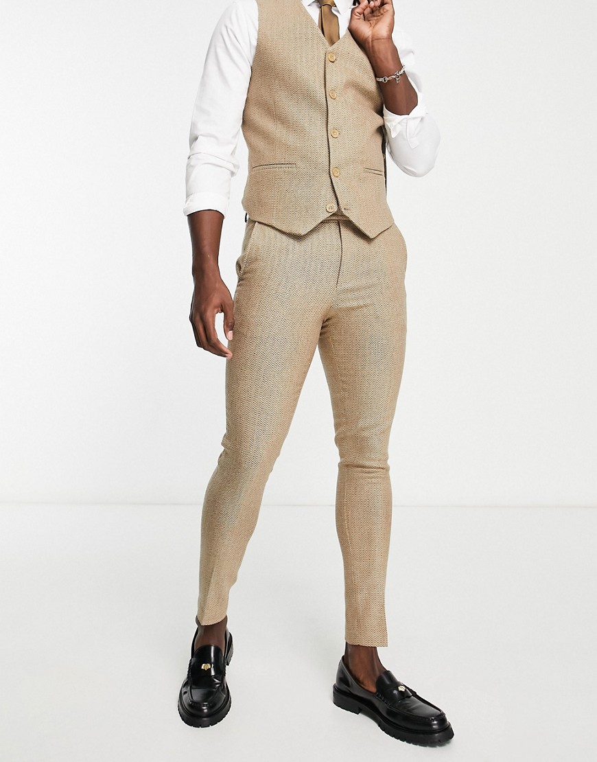 ASOS DESIGN super skinny wool mix suit trousers in stone herringbone-Neutral