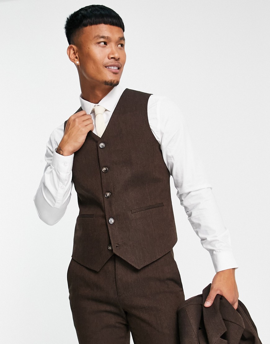 Asos Design Super Skinny Wool Mix Suit Vest In Brown Tweed