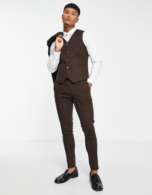 ASOS DESIGN super skinny wool mix suit vest in brown tweed