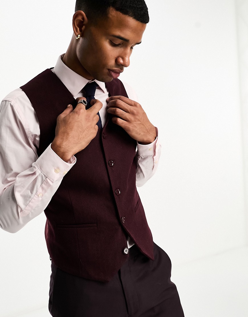 Asos Design Super Skinny Wool Mix Suit Vest In Burgundy Herringbone-red