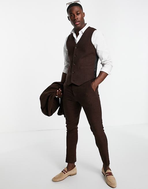 brown dress vest Men's Linen-Look Suit | Brown Men's Waistcoat Tailored Vest ASOS DESIGN super skinny wool