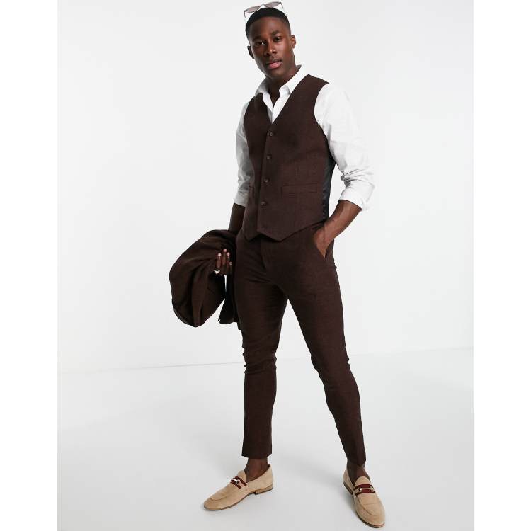 ASOS DESIGN super skinny wool mix suit vest in dark brown tweed