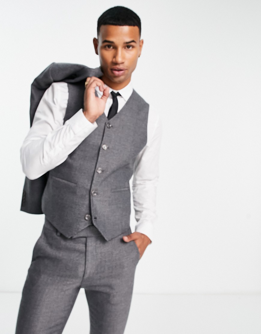 Asos Design Super Skinny Wool Mix Suit Vest In Dark Charcoal Herringbone-gray