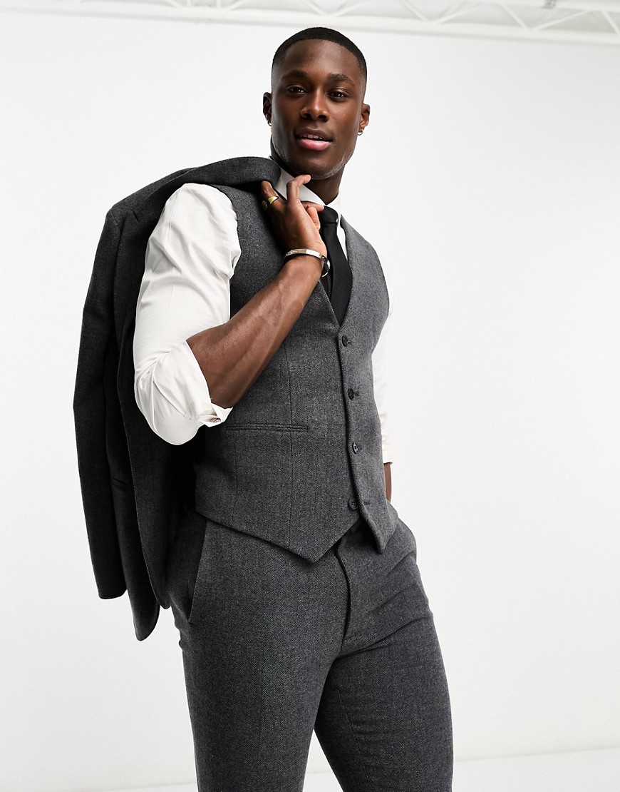 Asos Design Skinny Wool Mix Suit Vest In Charcoal Herringbone-gray
