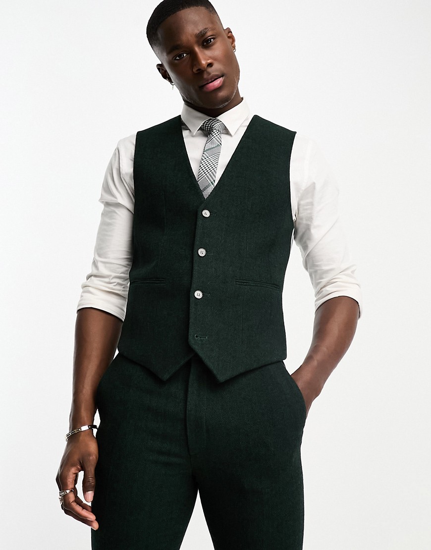 Asos Design Super Skinny Wool Mix Suit Vest In Herringbone In Dark Green