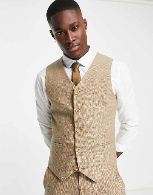 ASOS DESIGN super skinny wool mix suit vest in stone herringbone