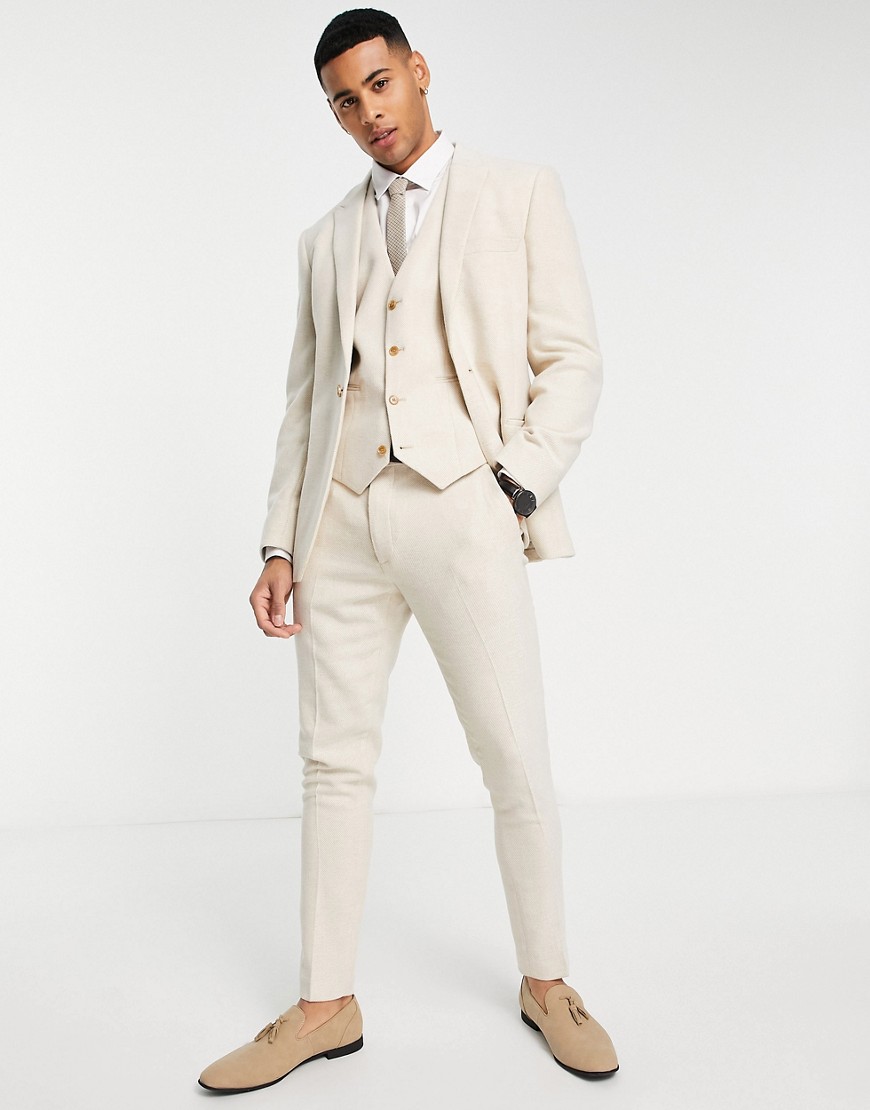 ASOS DESIGN super skinny wool mix suit vest in stone twill-Neutral