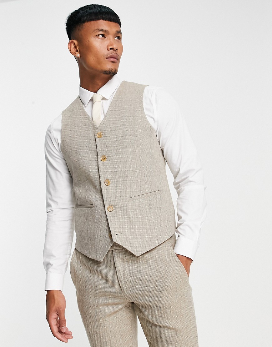 ASOS DESIGN super skinny wool mix suit waistcoat in beige tweed-Neutral