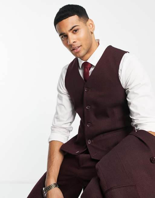 ASOS DESIGN super skinny wool mix suit waistcoat in burgundy herringbone