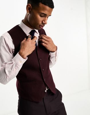 ASOS DESIGN super skinny wool mix suit waistcoat in burgundy herringbone