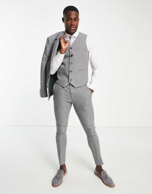 ASOS DESIGN super skinny wool mix suit waistcoat in charcoal herringbone, 2 of 4