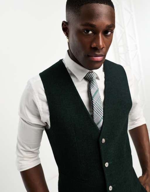 ASOS DESIGN super skinny wool mix suit waistcoat in herringbone in dark green, 3 of 5