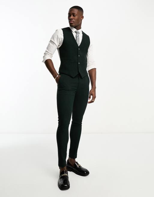 ASOS DESIGN super skinny wool mix suit waistcoat in herringbone in dark green, 4 of 5