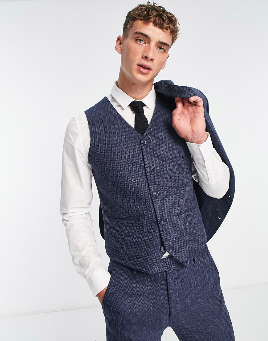 ASOS DESIGN super skinny wool mix suit waistcoat in navy herringbone