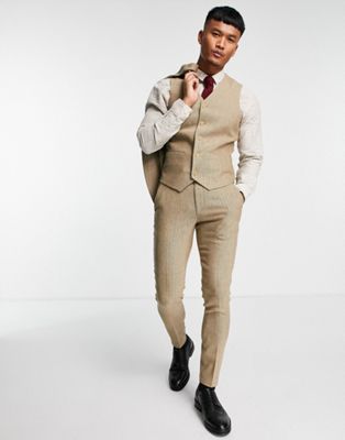ASOS DESIGN super skinny wool mix suit waistcoat in stone herringbone