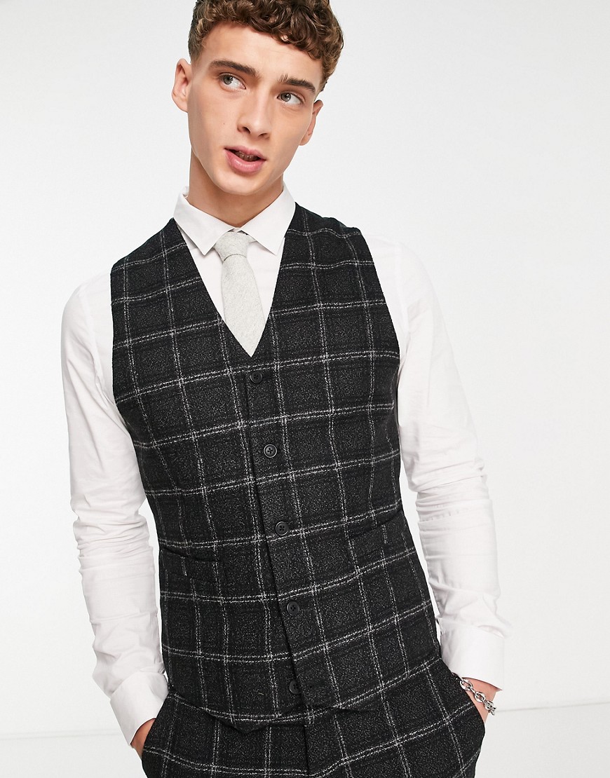 ASOS DESIGN super skinny wool mix waistcoat in - black and charcoal windowpane check
