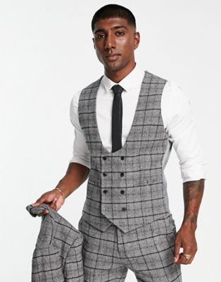 ASOS DESIGN super skinny wool mix waistcoat in grey and white highlight check