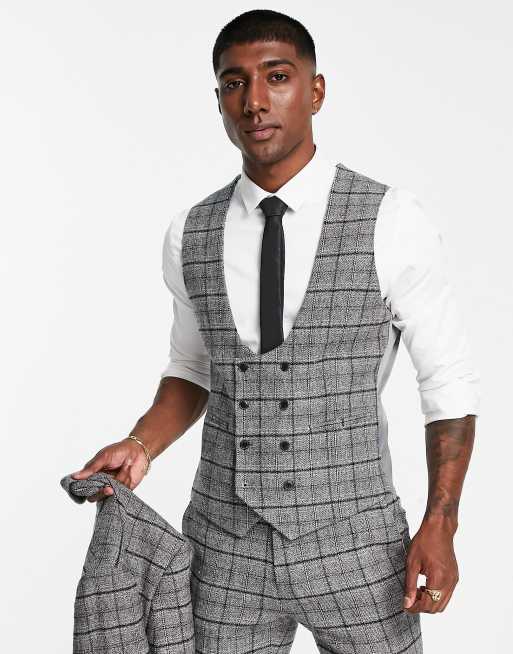 ASOS DESIGN super skinny wool mix waistcoat in grey and white highlight check