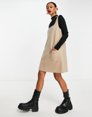 ASOS DESIGN super soft 2 in 1 square neck pinny mini jumper dress in camel and black - ASOS Price Checker