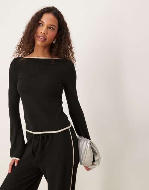 ASOS DESIGN super soft angel sleeve top with tipping in black - view 1