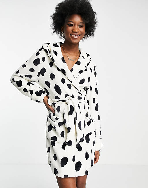 ASOS DESIGN super soft animal print fleece robe in black & cream