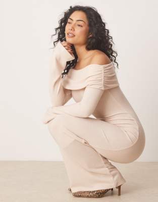 Asos Design Super Soft Asymmetric Off Shoulder Maxi Dress In Oatmeal-neutral