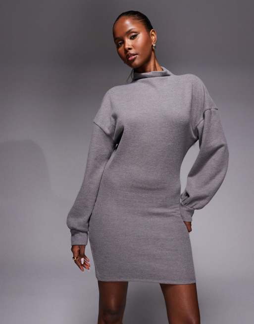ASOS DESIGN super soft balloon long sleeve mini dress in charcoal marl, 2 of 4