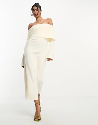 asos design super soft bardot midi dress with flare sleeve in winter white