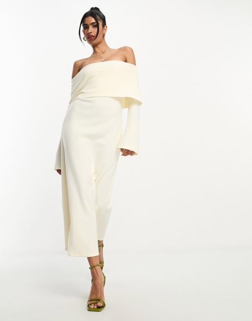 ASOS DESIGN super soft bardot midi dress with flare sleeve in winter white