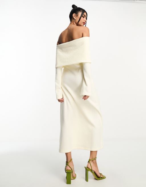 ASOS DESIGN super soft bardot midi dress with flare sleeve in winter white