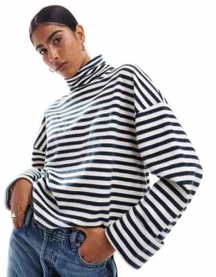 Asos Design Super Soft Boxy Turtle Neck Sweater In Navy And Cream Stripe-multi