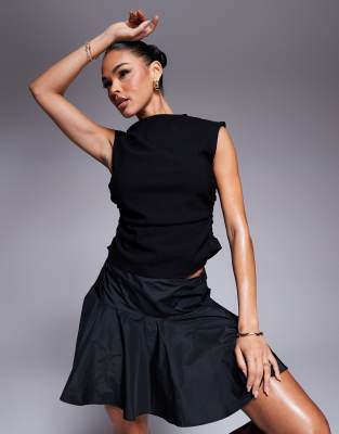 Asos Design Super Soft Brushed High Neck Gathered Top In Gray Heather-black